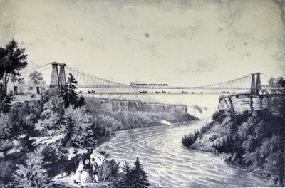 Il ponte sospeso della ferrovia, vicino alle cascate del Niagara da N. and Ives, J.M. Currier